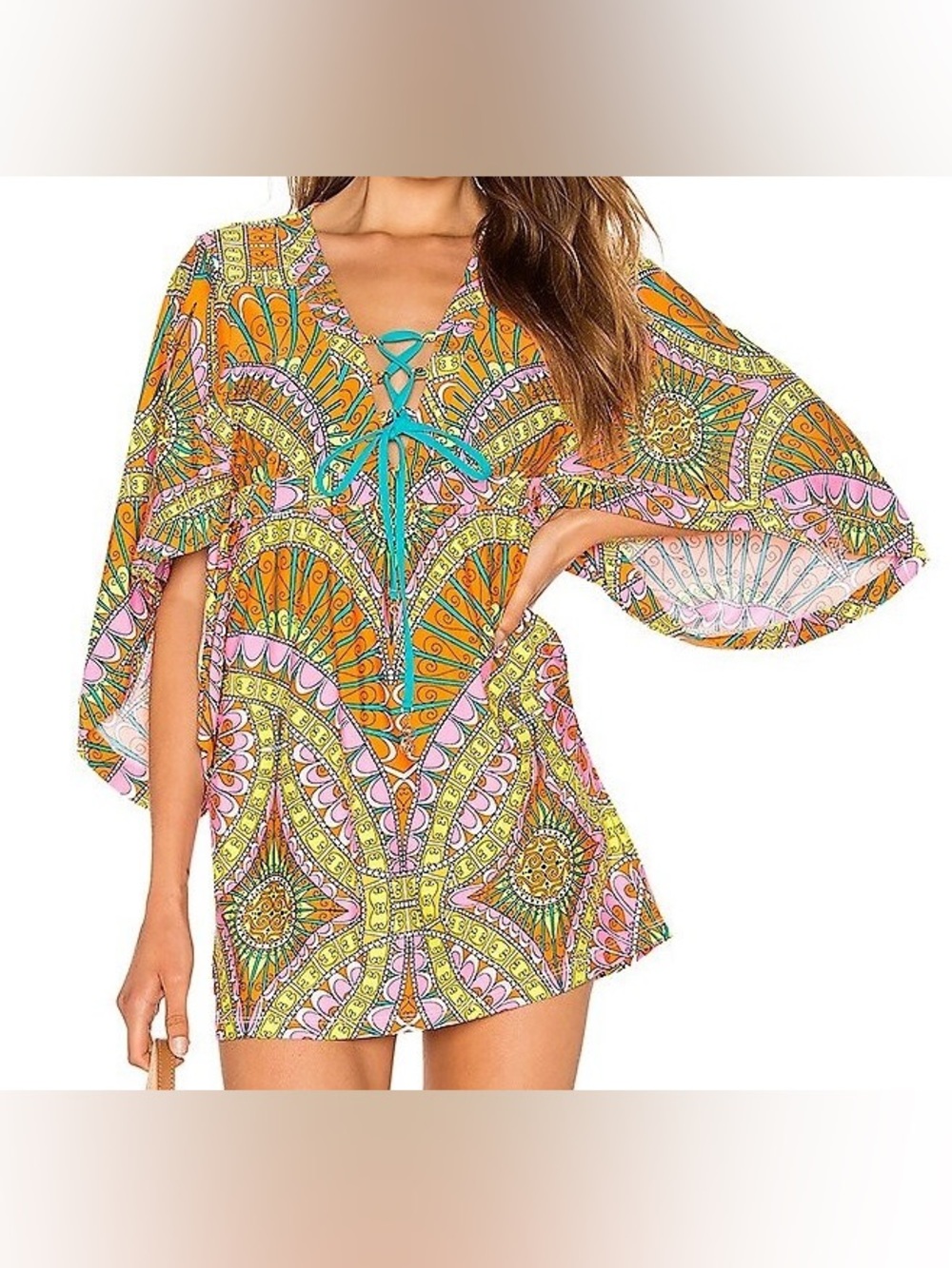Trina Turk Orange Paisley Tunic Coverup with Teal Ties Capri Lace-Up